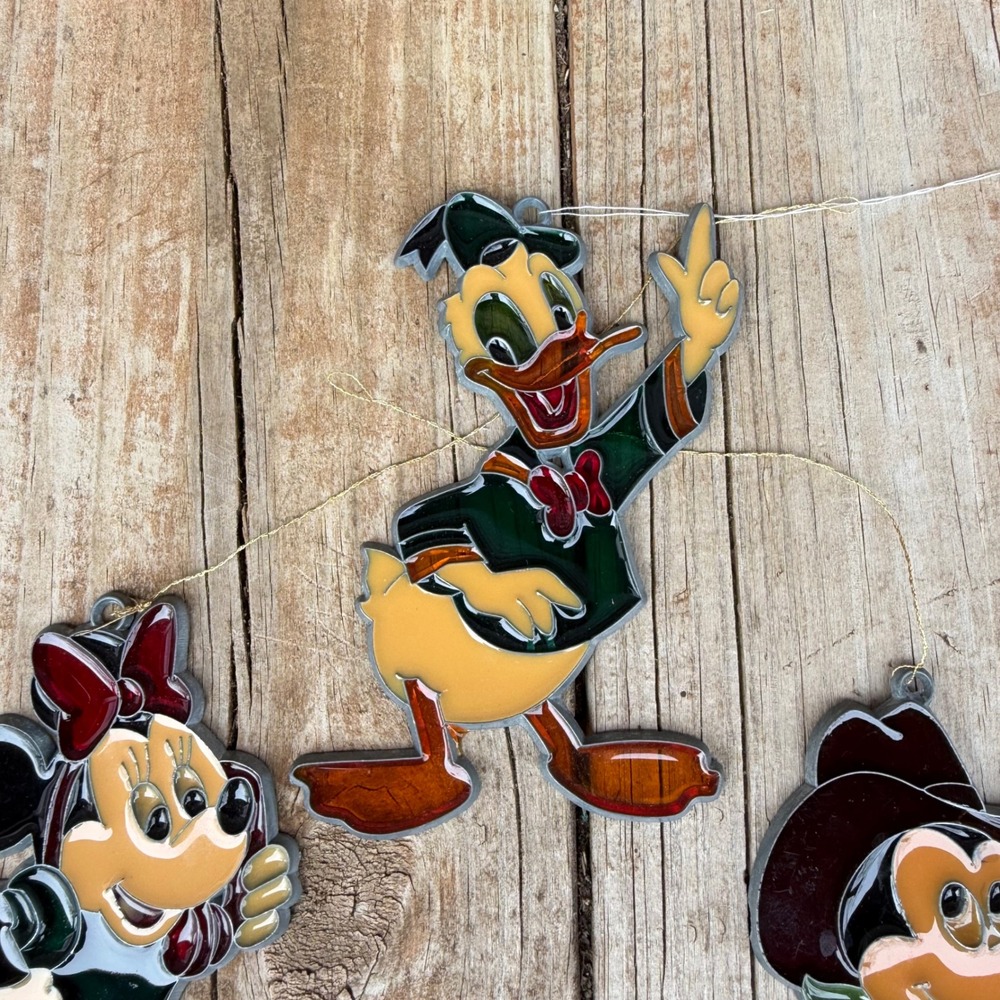 Vtg Disney Suncatcher Set Multicolor Mickey Minnie Donald Faux‎ Stained Glass
